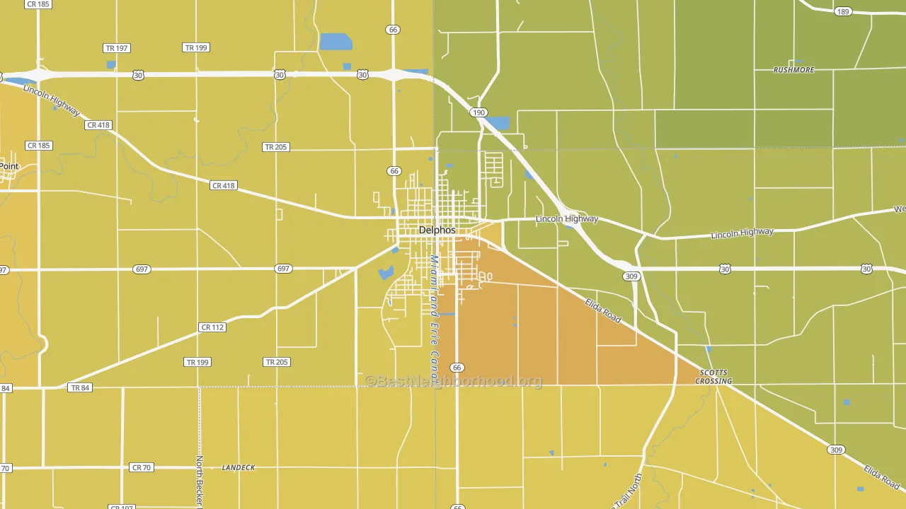 Map of the best neighborhoods in the Delphos area, with better matches in green and worse matches in red