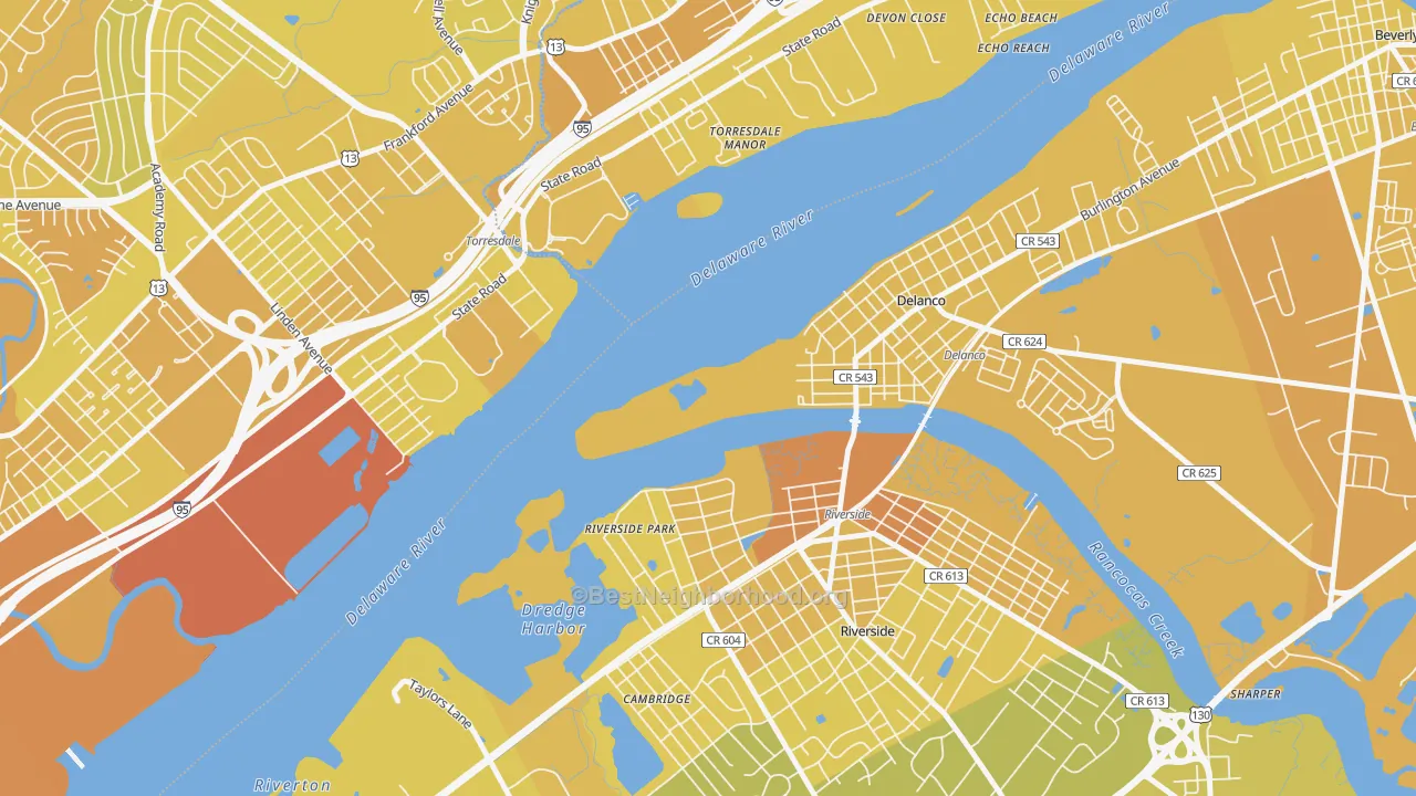 Map of the best neighborhoods in the Delran area, with better matches in green and worse matches in red