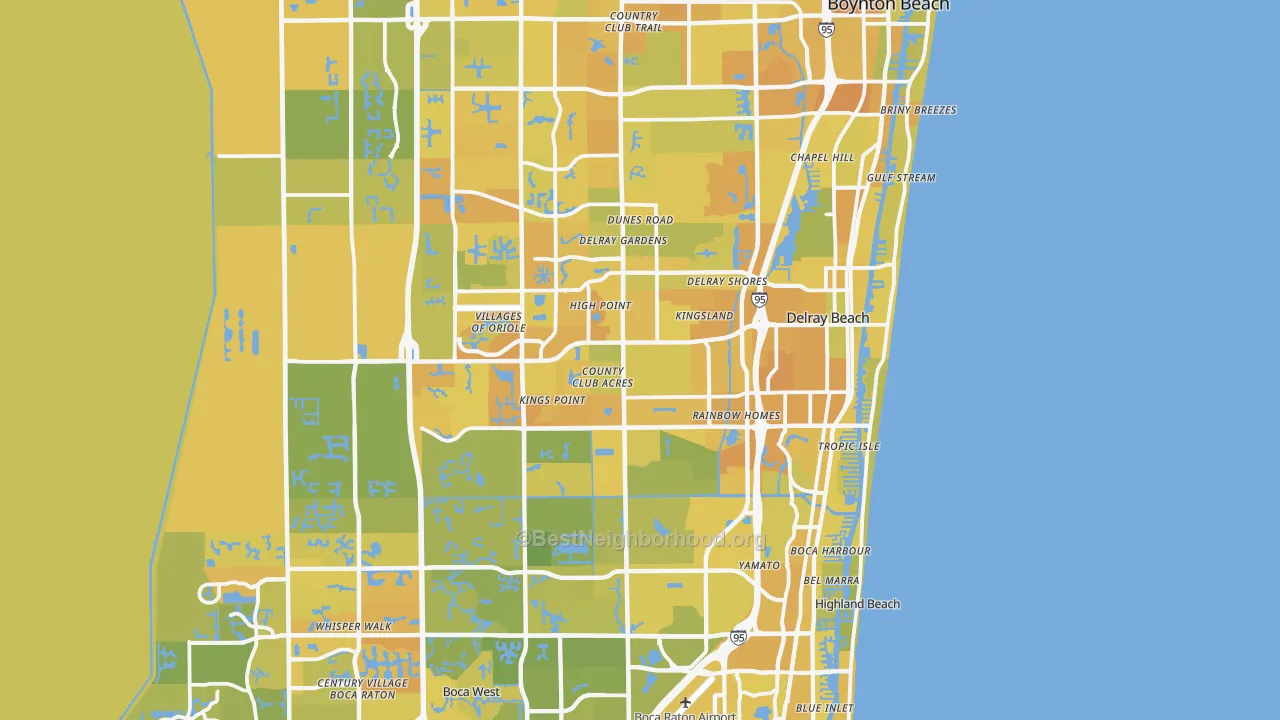 Map of the best neighborhoods in the Delray Beach area, with better matches in green and worse matches in red