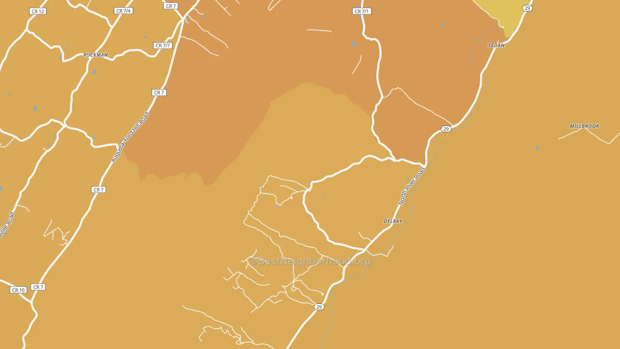 Map of the best neighborhoods in the Delray area, with better matches in green and worse matches in red