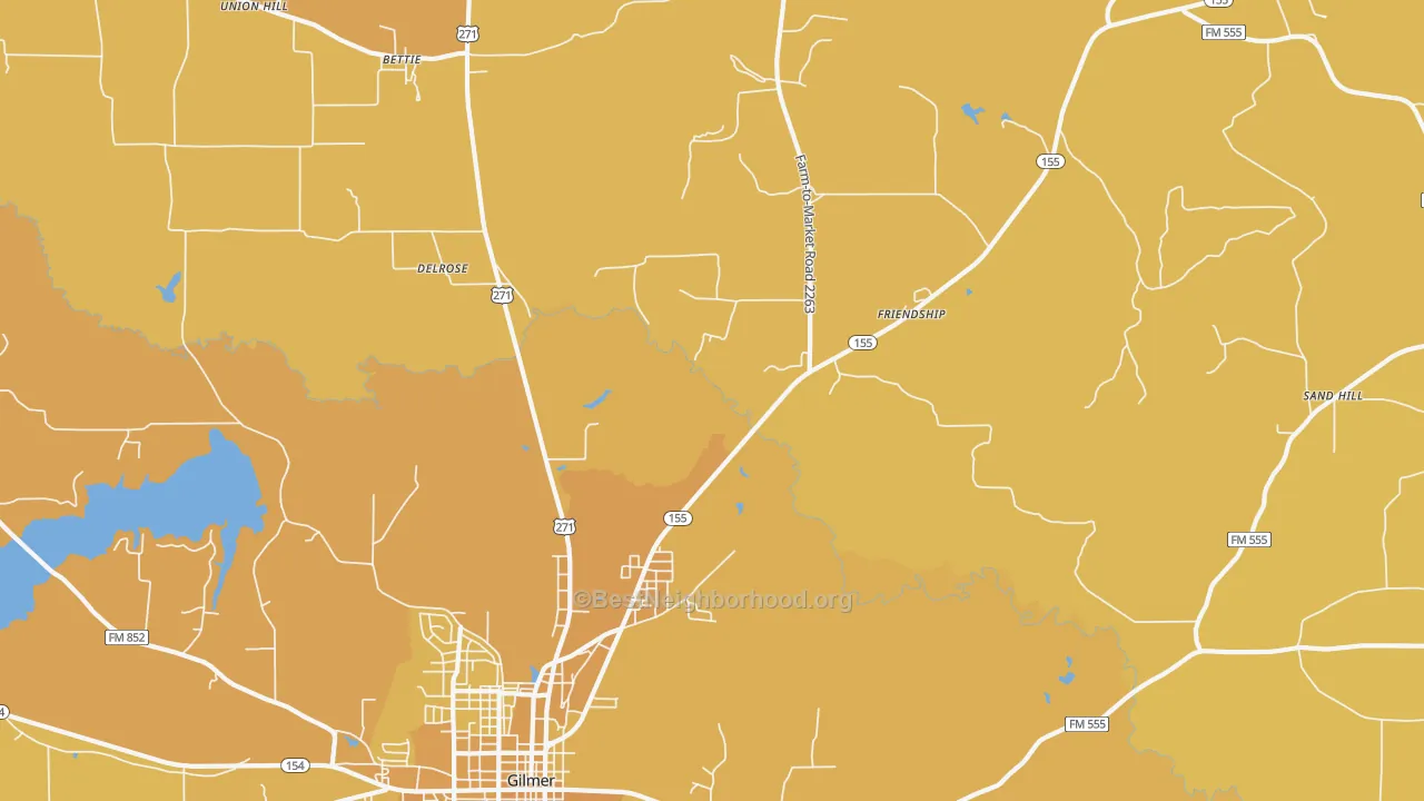 Map of the best neighborhoods in the Delrose area, with better matches in green and worse matches in red