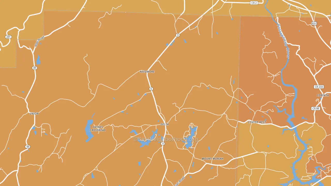 Map of the best neighborhoods in the Delta area, with better matches in green and worse matches in red