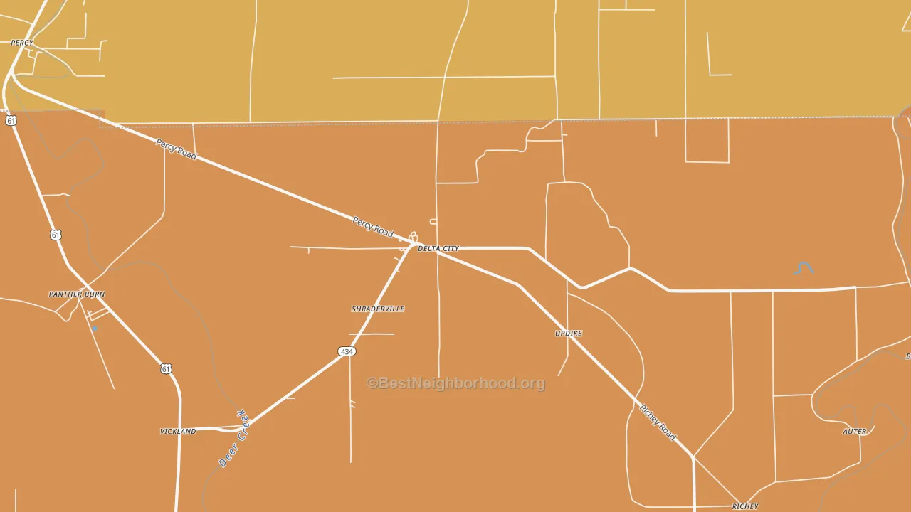 Map of the best neighborhoods in the Delta City area, with better matches in green and worse matches in red