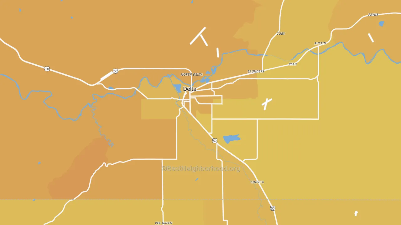 Map of the best neighborhoods in the Delta area, with better matches in green and worse matches in red