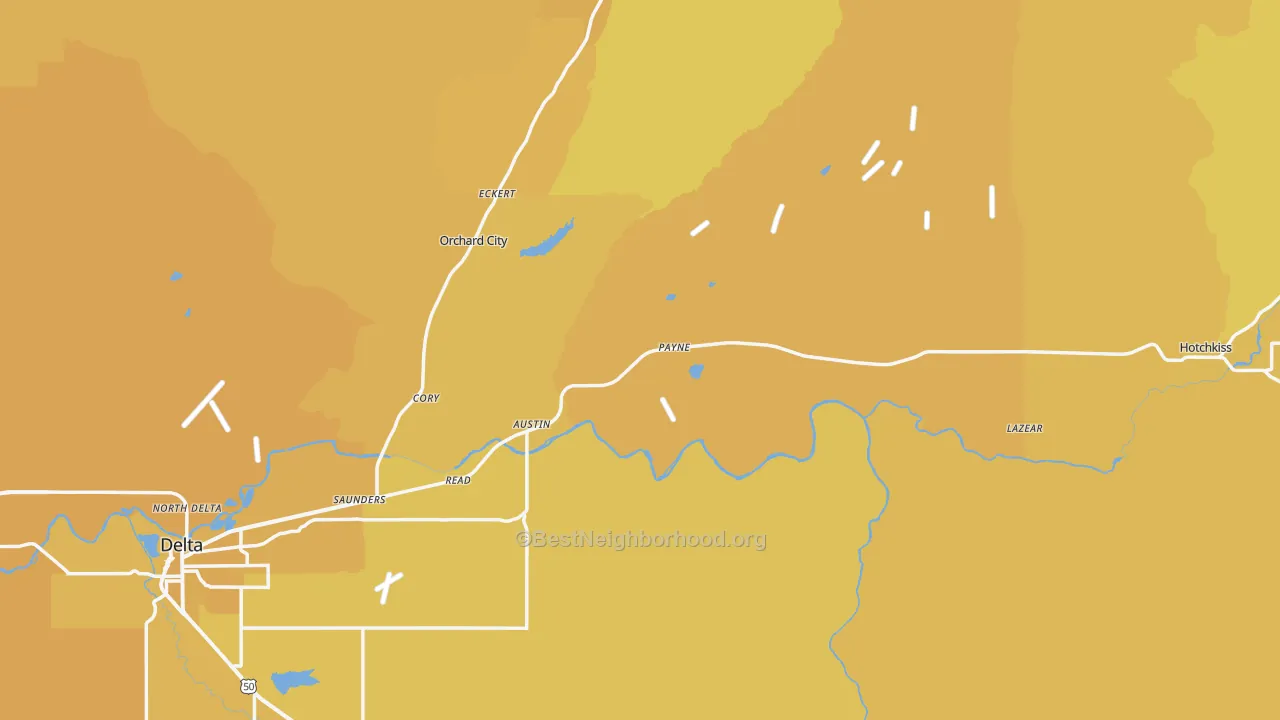 Map of the best neighborhoods in the Delta County area, with better matches in green and worse matches in red
