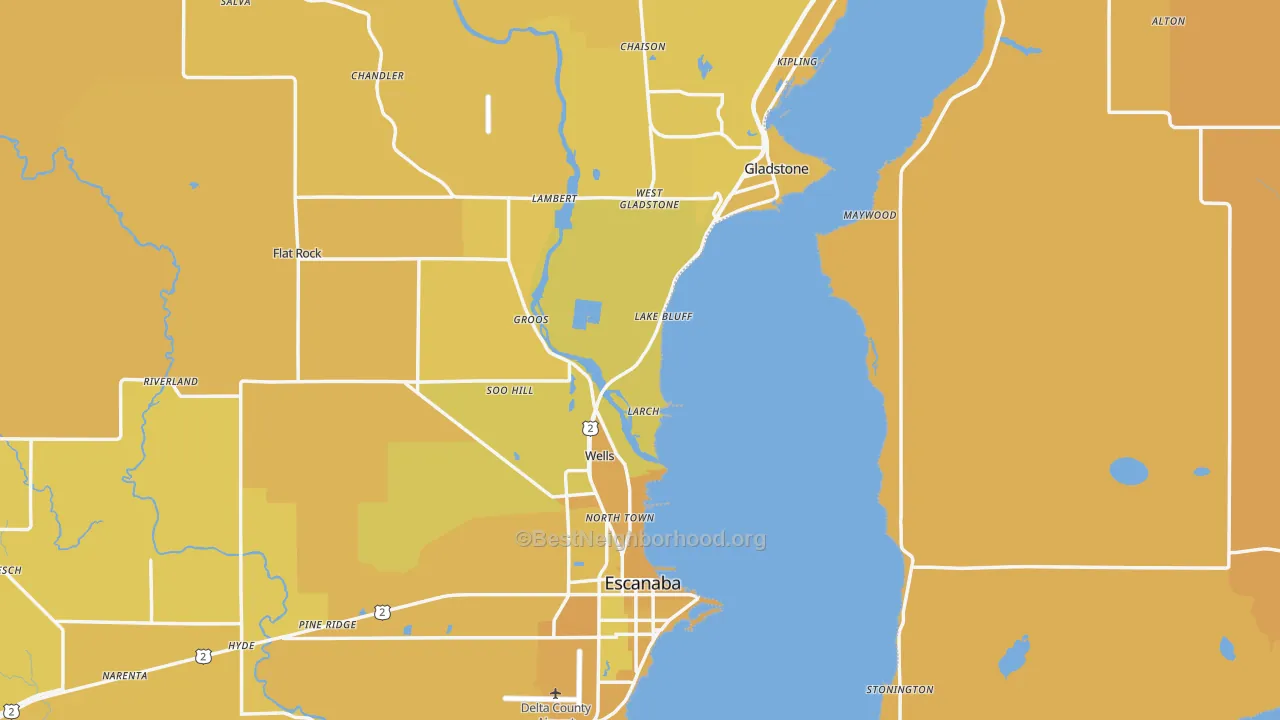 Map of the best neighborhoods in the Delta County area, with better matches in green and worse matches in red