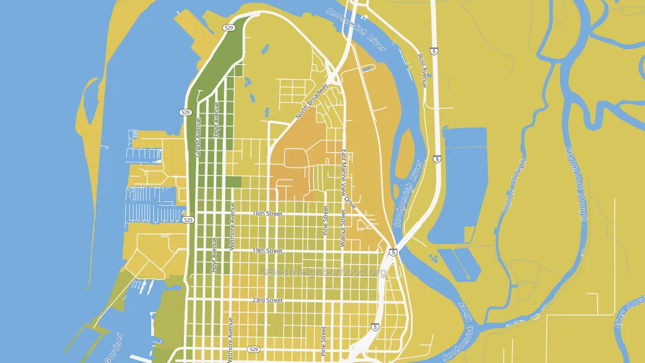Map of the best neighborhoods in the Delta, Everett area, with better matches in green and worse matches in red