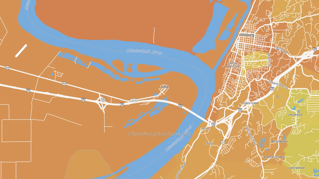 Map of the best neighborhoods in the Delta area, with better matches in green and worse matches in red
