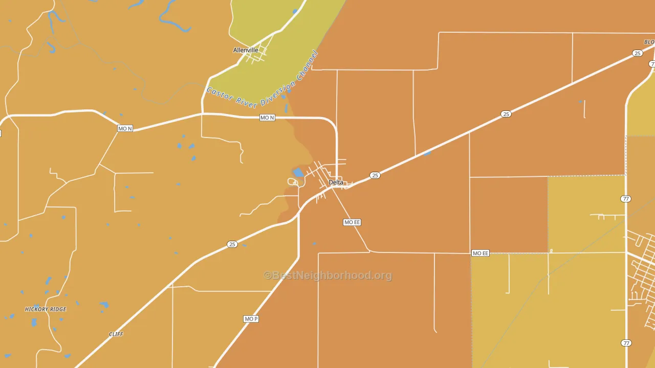 Map of the best neighborhoods in the Delta area, with better matches in green and worse matches in red