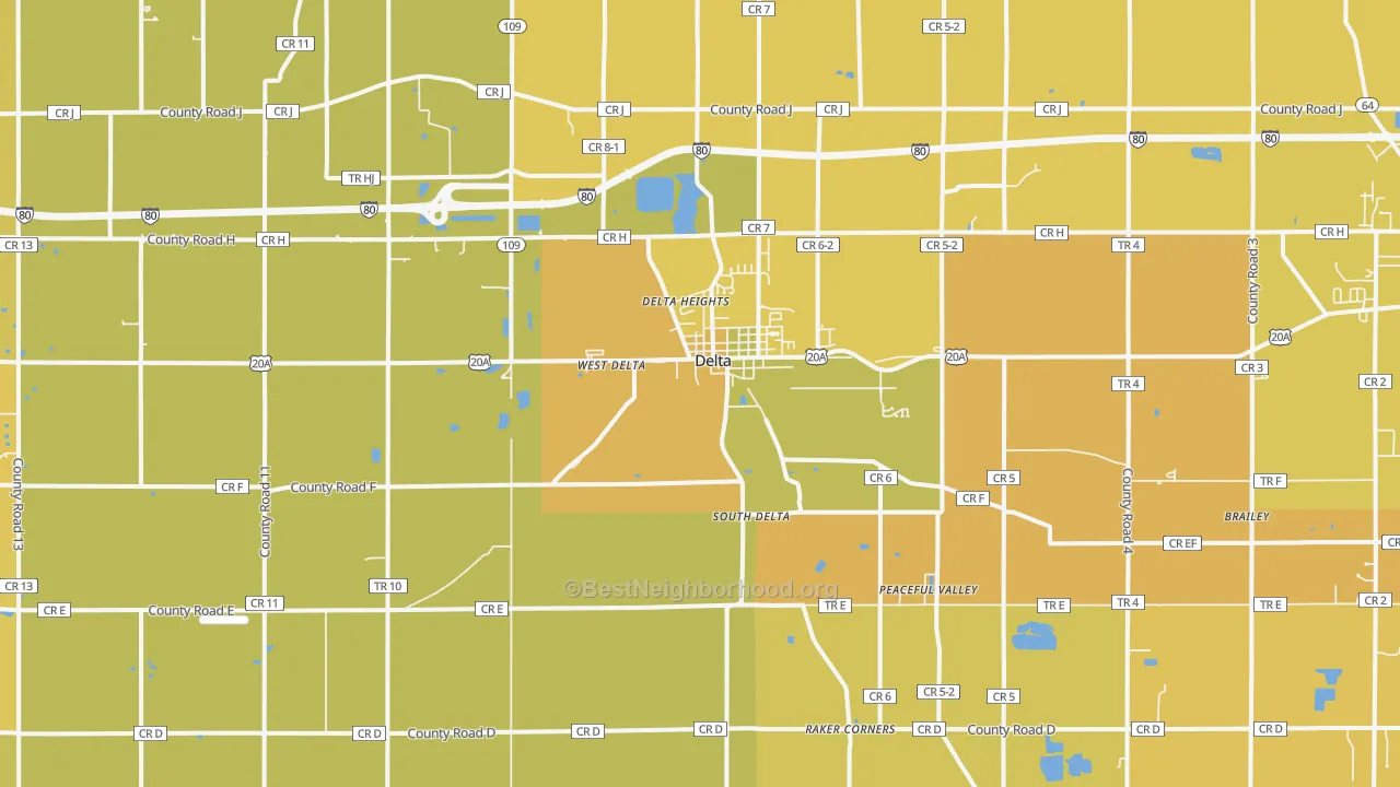 Map of the best neighborhoods in the Delta area, with better matches in green and worse matches in red