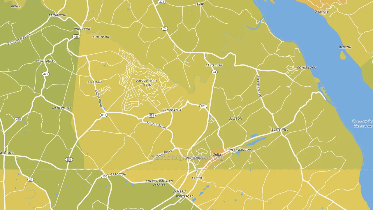 Map of the best neighborhoods in the Delta area, with better matches in green and worse matches in red