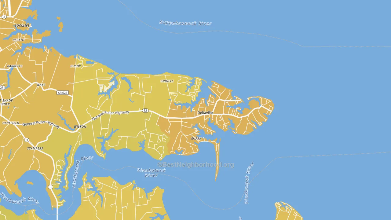 Map of the best neighborhoods in the Deltaville area, with better matches in green and worse matches in red