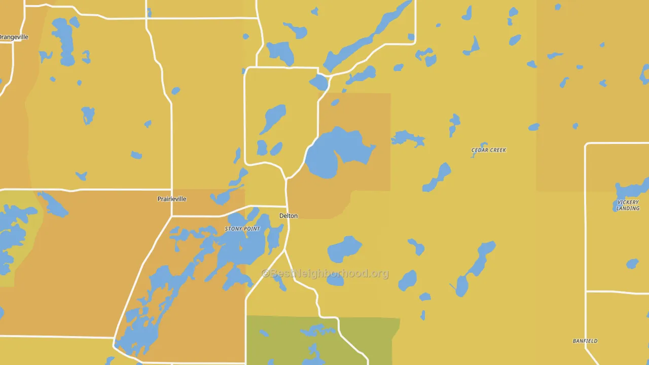 Map of the best neighborhoods in the Delton area, with better matches in green and worse matches in red