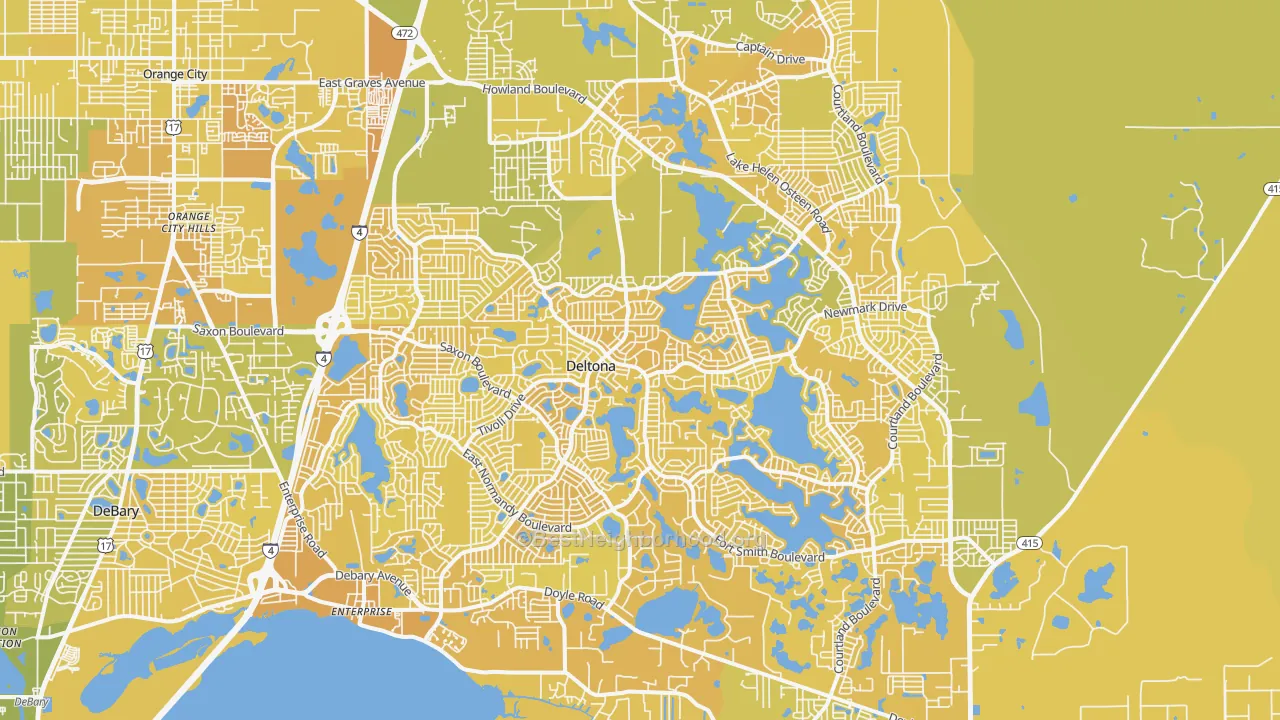 Map of the best neighborhoods in the Deltona area, with better matches in green and worse matches in red