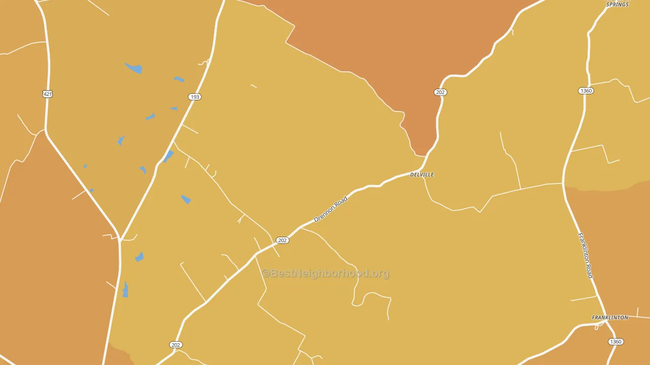 Map of the best neighborhoods in the Delville area, with better matches in green and worse matches in red