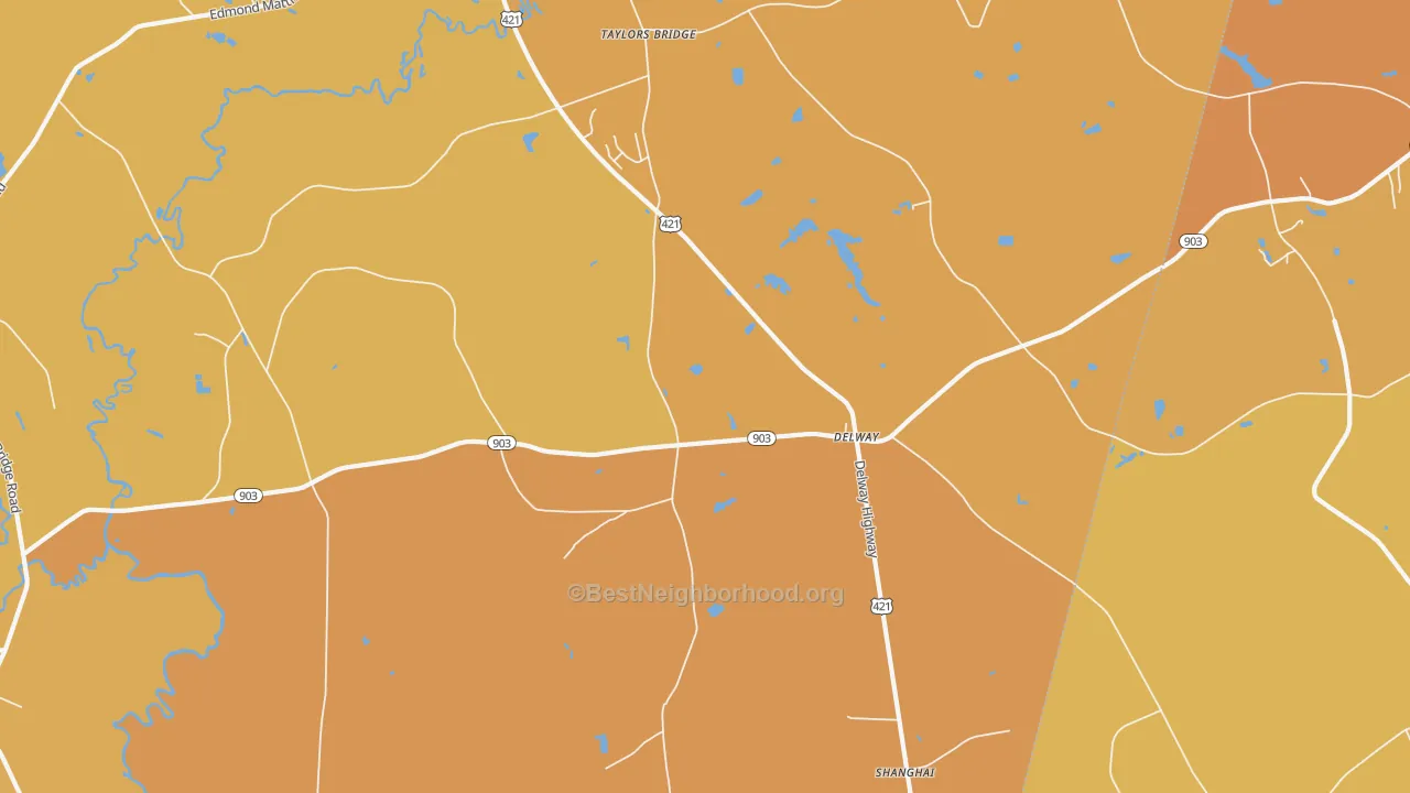 Map of the best neighborhoods in the Delway area, with better matches in green and worse matches in red