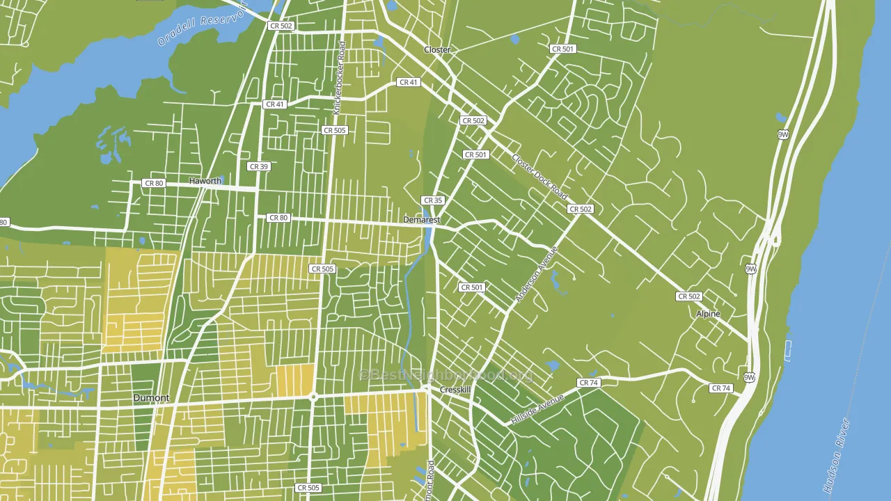 Map of the best neighborhoods in the DeMarest area, with better matches in green and worse matches in red