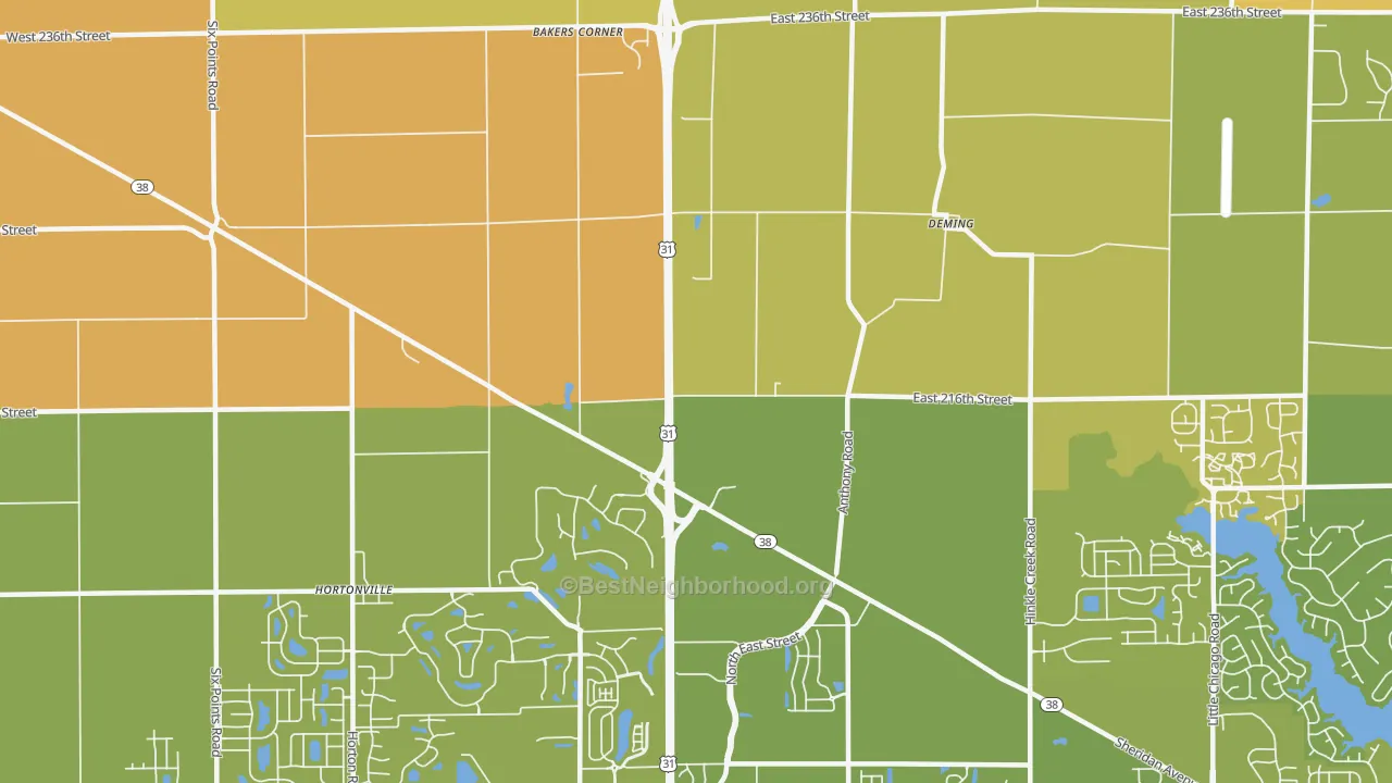 Map of the best neighborhoods in the Deming area, with better matches in green and worse matches in red