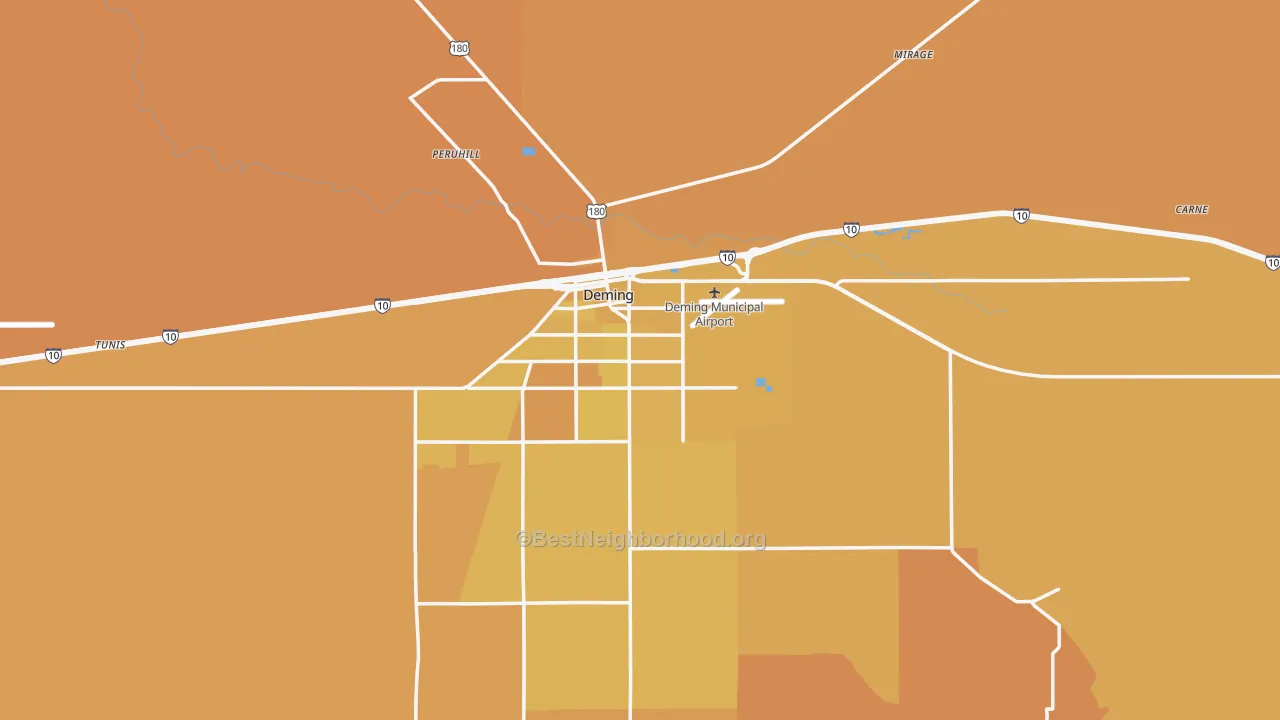 Map of the best neighborhoods in the Deming area, with better matches in green and worse matches in red