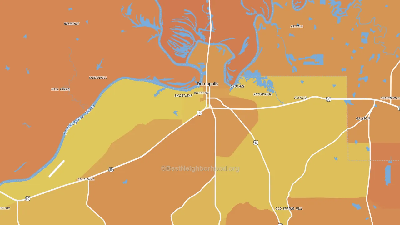 Map of the best neighborhoods in the Demopolis area, with better matches in green and worse matches in red
