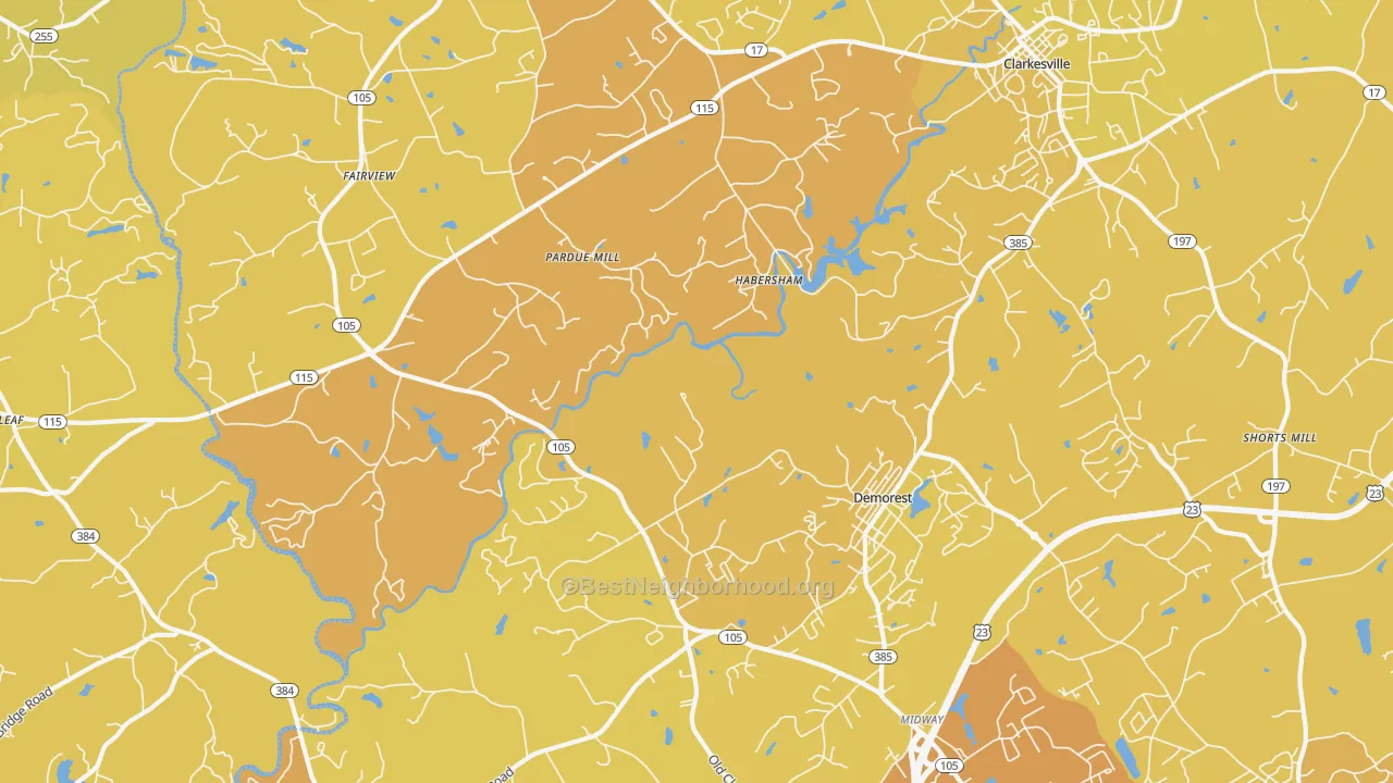 Map of the best neighborhoods in the Demorest area, with better matches in green and worse matches in red