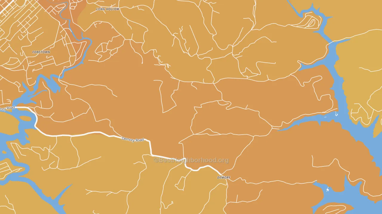Map of the best neighborhoods in the DeMory area, with better matches in green and worse matches in red