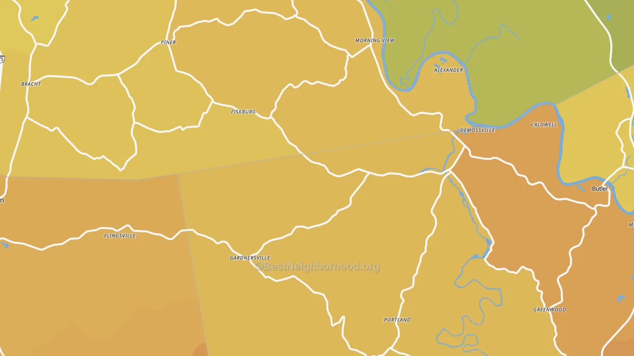 Map of the best neighborhoods in the DeMossville area, with better matches in green and worse matches in red