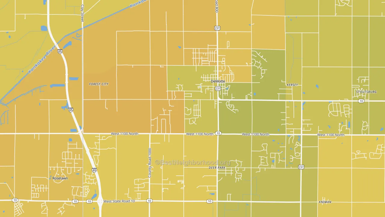 Map of the best neighborhoods in the DeMotte area, with better matches in green and worse matches in red