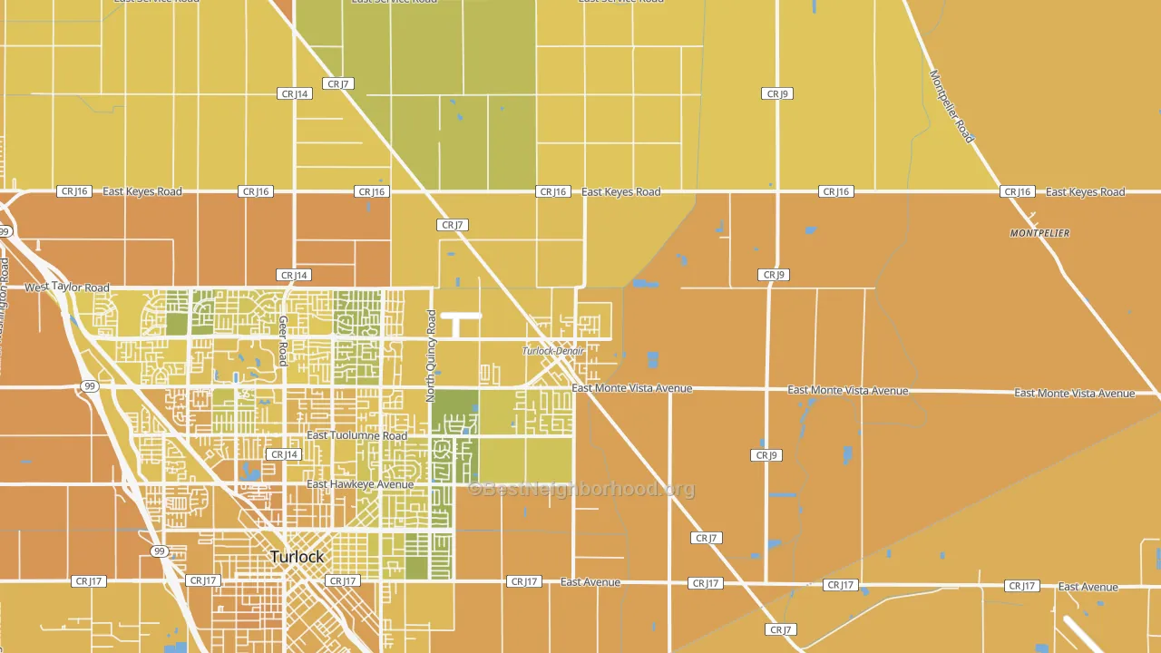 Map of the best neighborhoods in the Denair area, with better matches in green and worse matches in red
