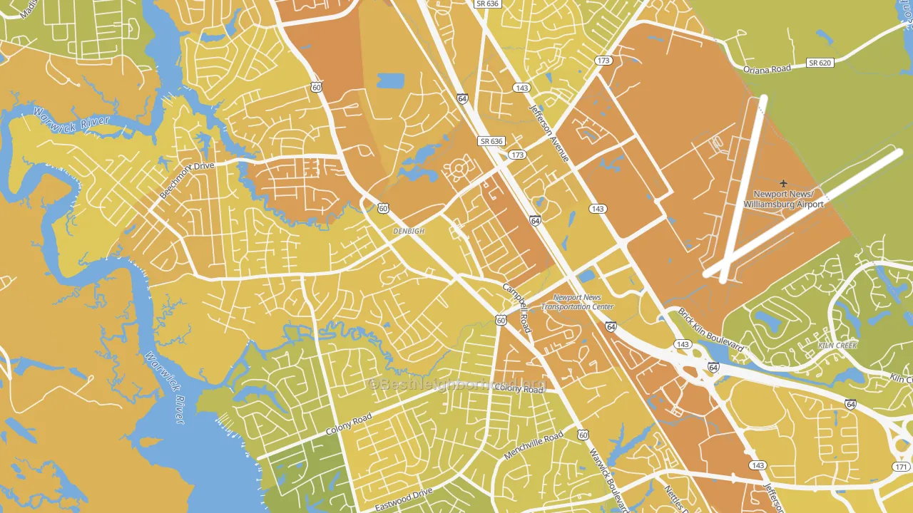 Map of the best neighborhoods in the Denbigh, Newport News area, with better matches in green and worse matches in red