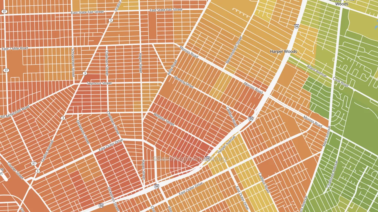 Map of the best neighborhoods in the Denby, Detroit area, with better matches in green and worse matches in red