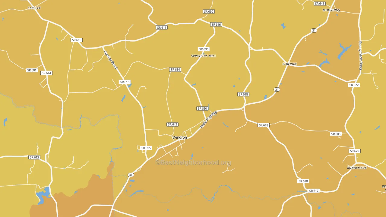 Map of the best neighborhoods in the Dendron area, with better matches in green and worse matches in red