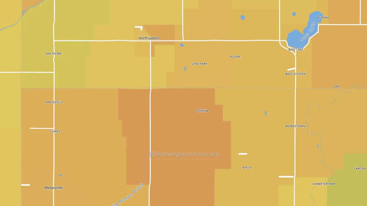 Map of the best neighborhoods in the Denham area, with better matches in green and worse matches in red