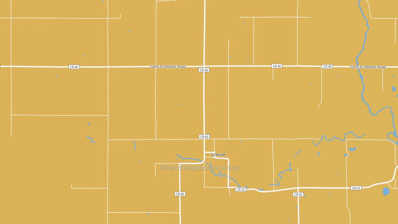 Map of the best neighborhoods in the Denham area, with better matches in green and worse matches in red