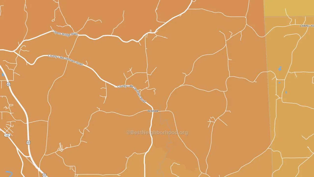 Map of the best neighborhoods in the Denham area, with better matches in green and worse matches in red