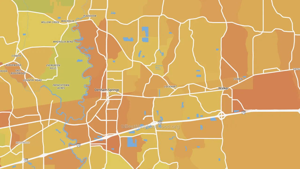 Map of the best neighborhoods in the Denham Springs area, with better matches in green and worse matches in red