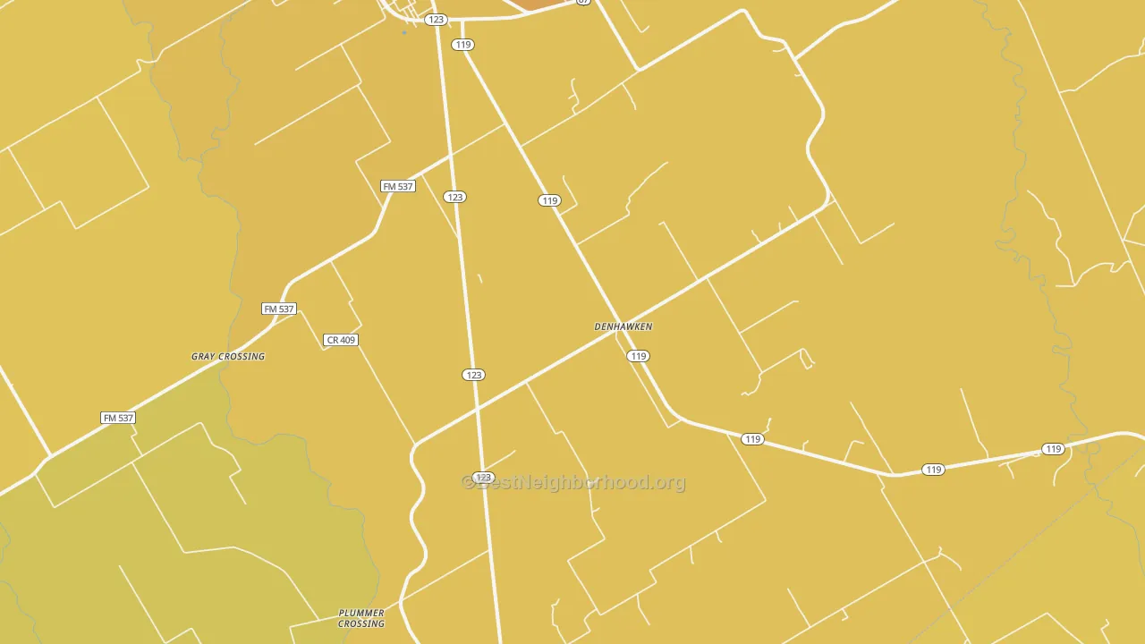 Map of the best neighborhoods in the Denhawken area, with better matches in green and worse matches in red