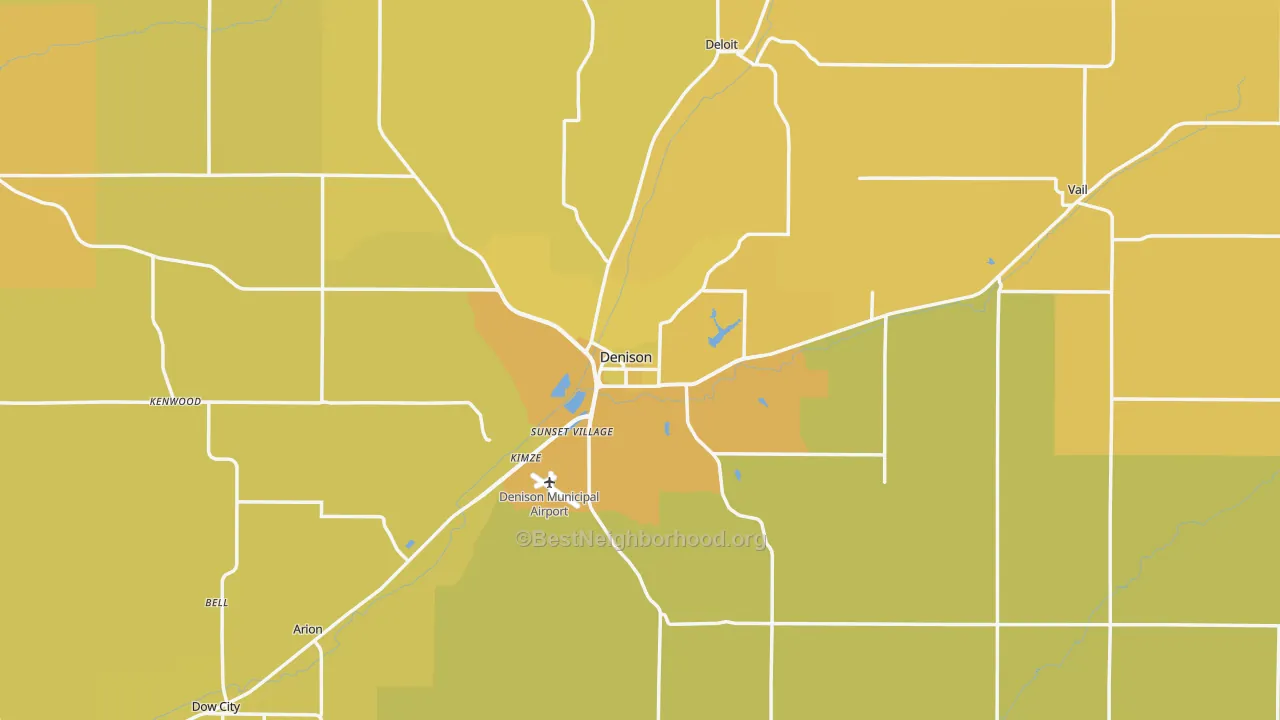 Map of the best neighborhoods in the Denison area, with better matches in green and worse matches in red