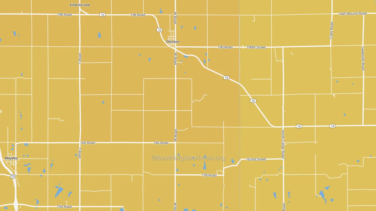 Map of the best neighborhoods in the Denison area, with better matches in green and worse matches in red