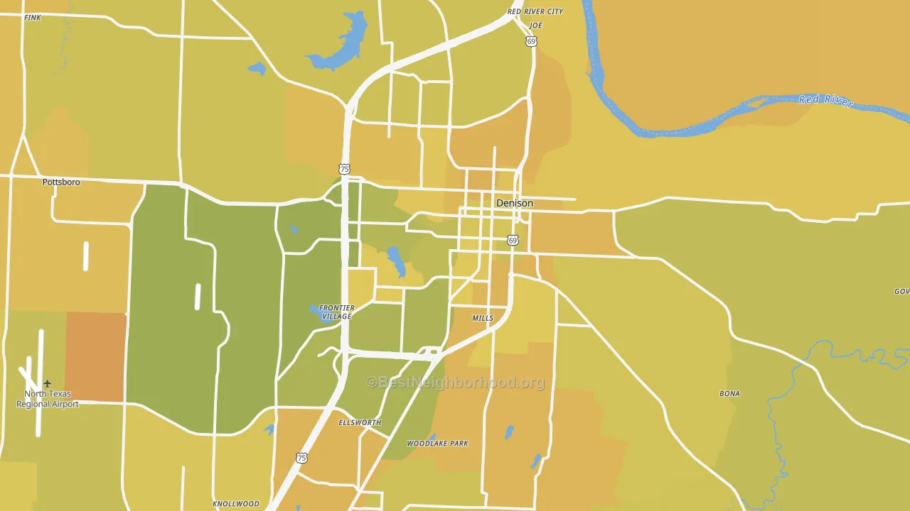 Map of the best neighborhoods in the Denison area, with better matches in green and worse matches in red