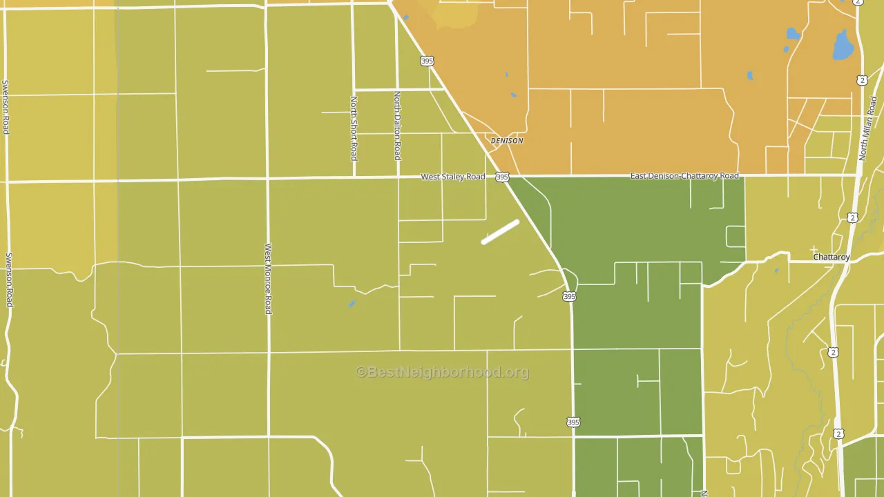 Map of the best neighborhoods in the Denison area, with better matches in green and worse matches in red