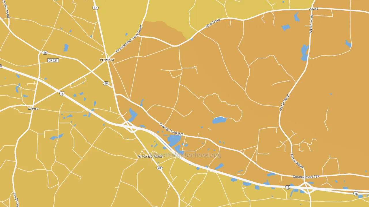 Map of the best neighborhoods in the Denmark area, with better matches in green and worse matches in red