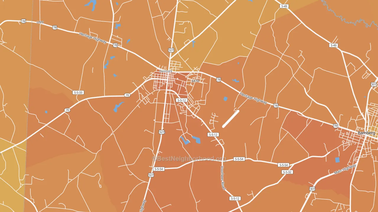 Map of the best neighborhoods in the Denmark area, with better matches in green and worse matches in red