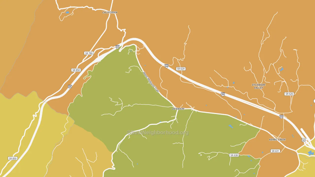 Map of the best neighborhoods in the Denmark area, with better matches in green and worse matches in red