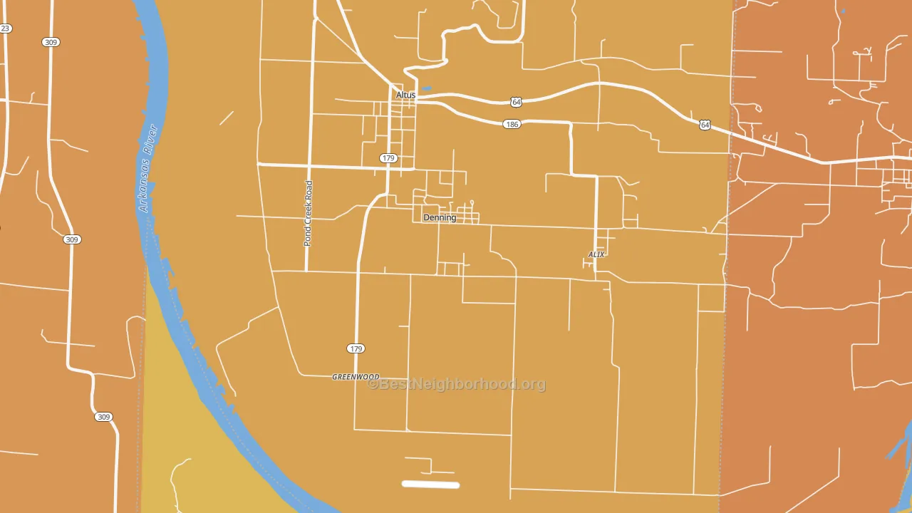 Map of the best neighborhoods in the Denning area, with better matches in green and worse matches in red