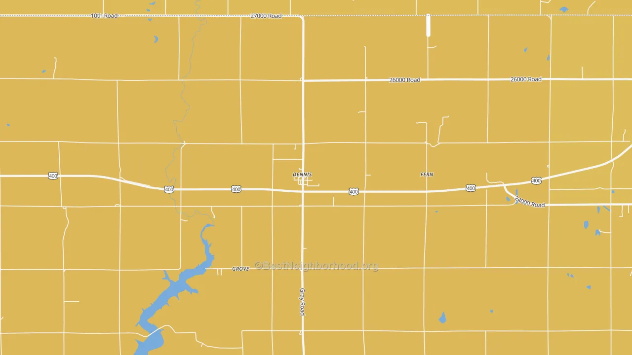 Map of the best neighborhoods in the Dennis area, with better matches in green and worse matches in red