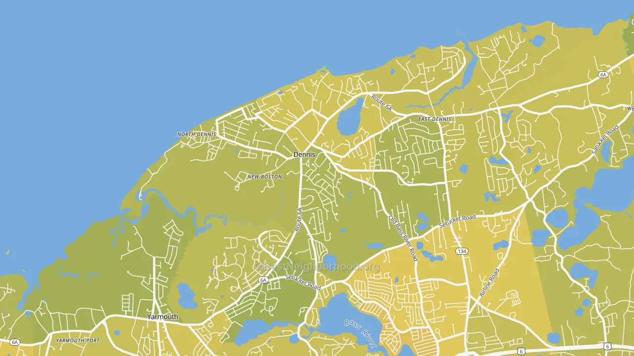 Map of the best neighborhoods in the Dennis area, with better matches in green and worse matches in red