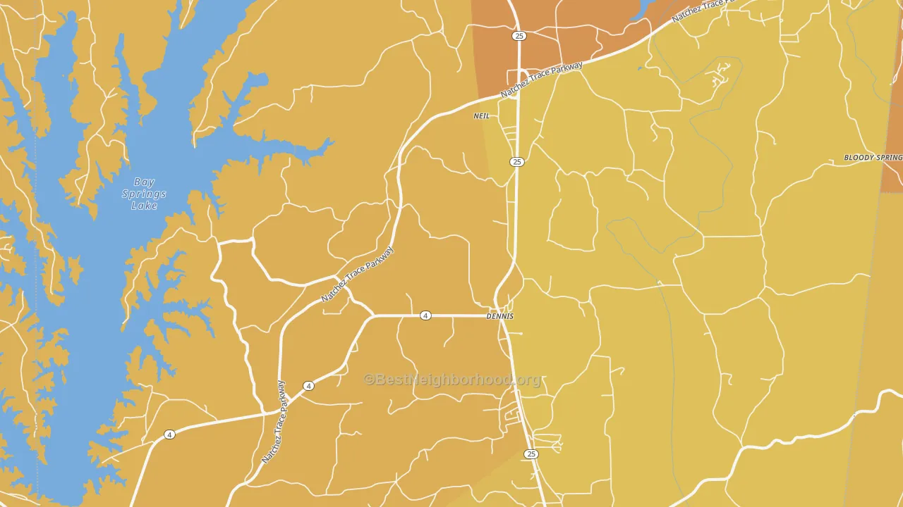 Map of the best neighborhoods in the Dennis area, with better matches in green and worse matches in red