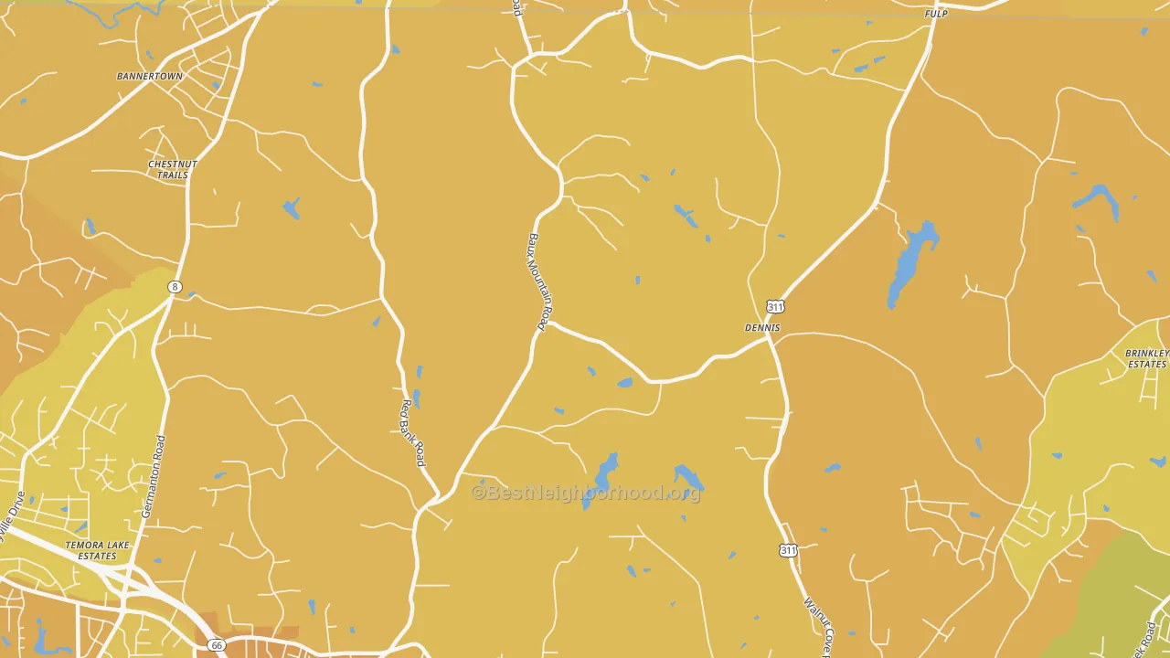 Map of the best neighborhoods in the Dennis area, with better matches in green and worse matches in red