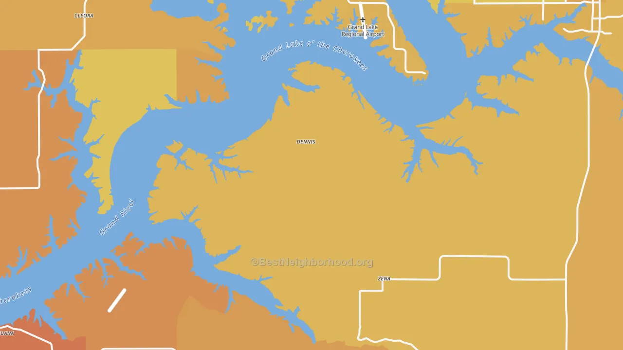 Map of the best neighborhoods in the Dennis area, with better matches in green and worse matches in red